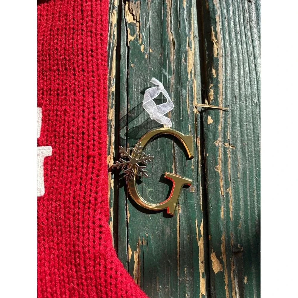Red Knit Christmas‎ Stocking Monogram Letter G with Gold Tone G Ornament Set